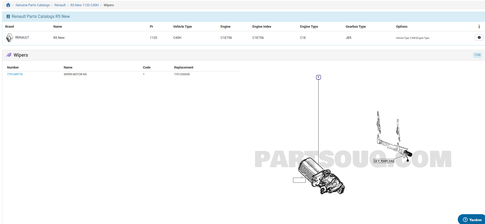 Renault 5 silecek motoru parça numarası 7701349770 katalog görseli