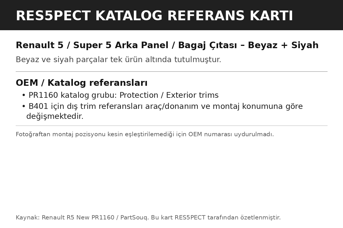 Renault 5 / Super 5 Arka Panel / Bagaj Çıtası – Beyaz / Siyah – KONTROL GEREKLİ OEM katalog referans kartı