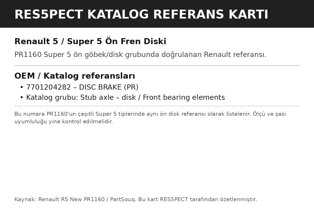 Renault 5 / Super 5 Ön Fren Diski – OEM 7701204282 OEM katalog referans kartı